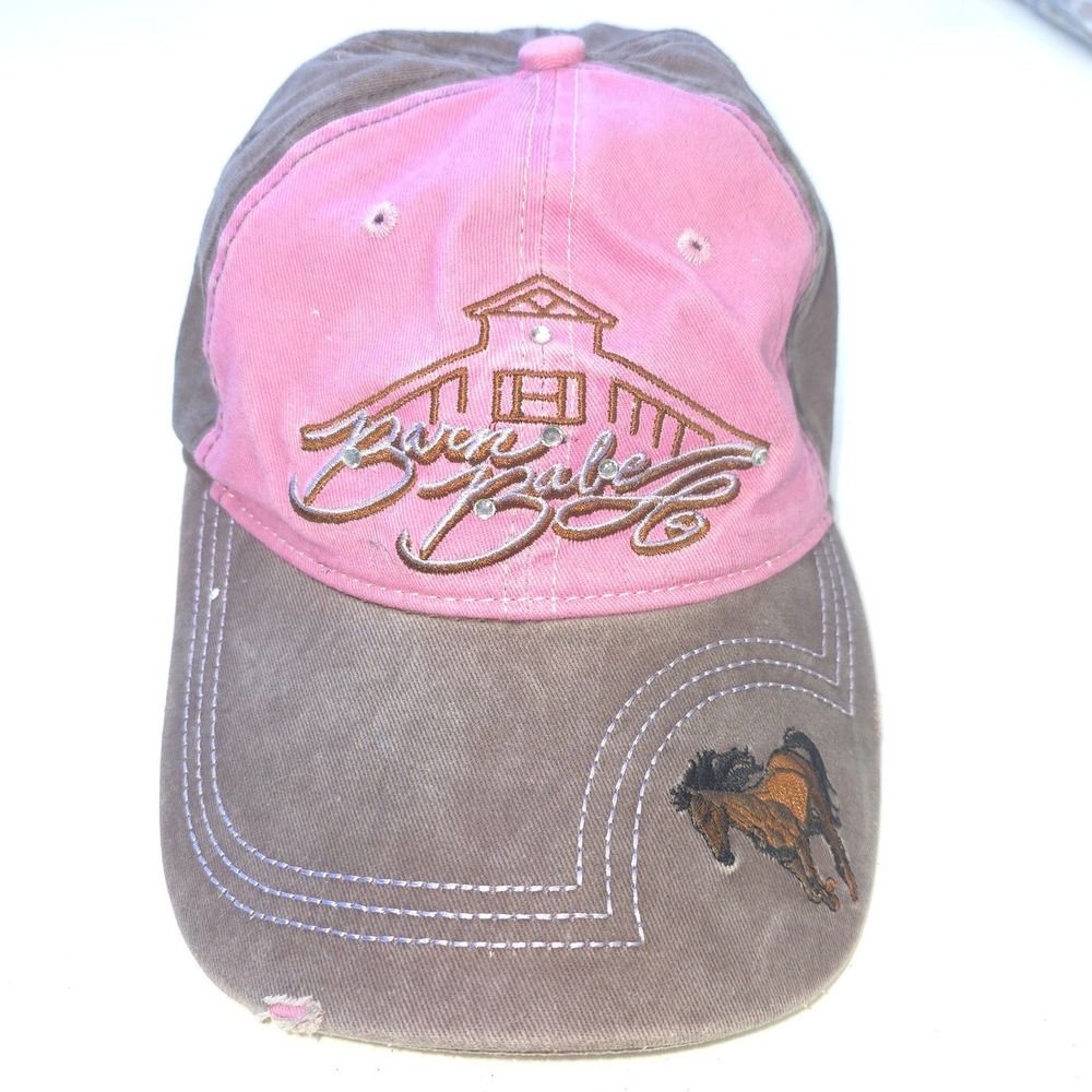 Barn Babe Horse Barn Rhinestone Baseball Cap Brown Pink Distressed OSFM Ranch